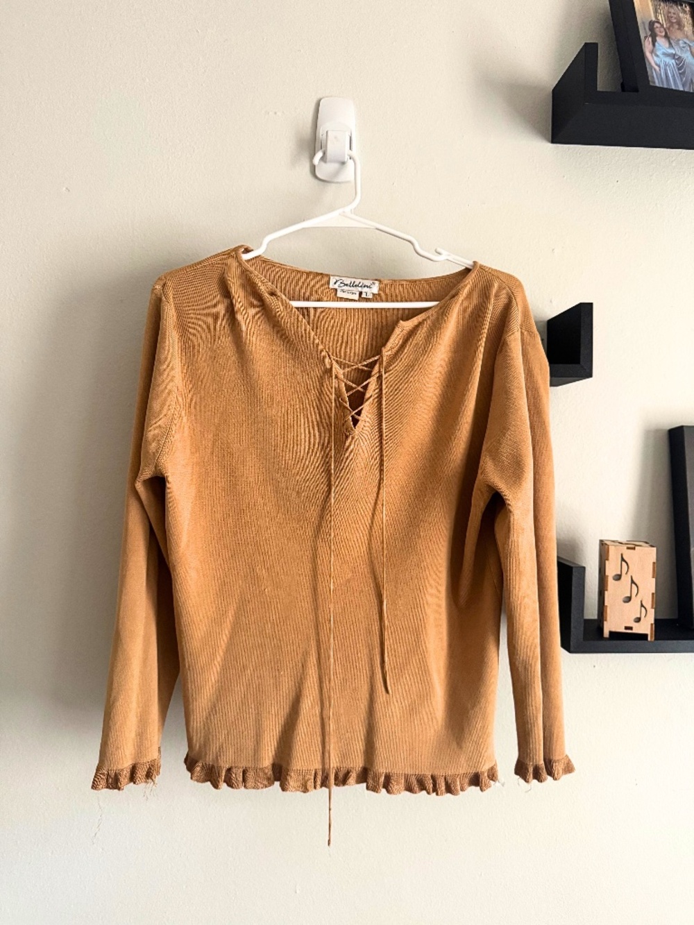 Belldini Camel Lace-Up V-Neck Ribbed Knit Top